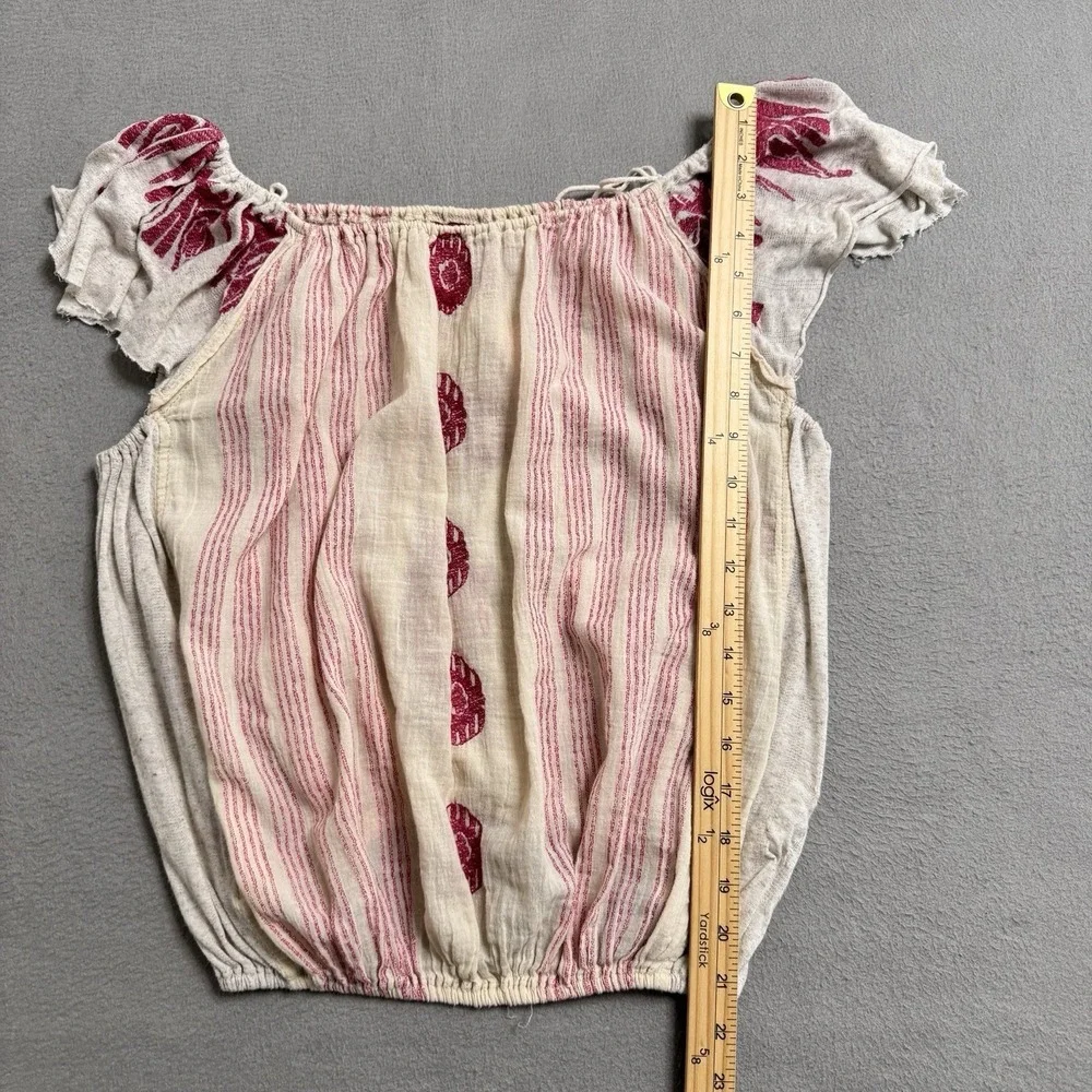 Free People Pukka Tee Womens Small Cream‎ Pink Boho Embroidered Peasant Top